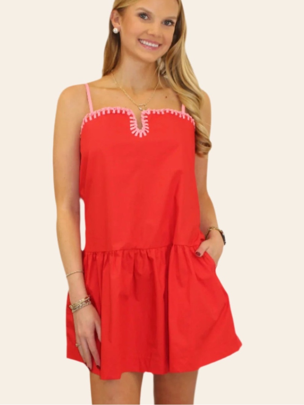 Day + Moon Red and Pink Stitched Mini Dress